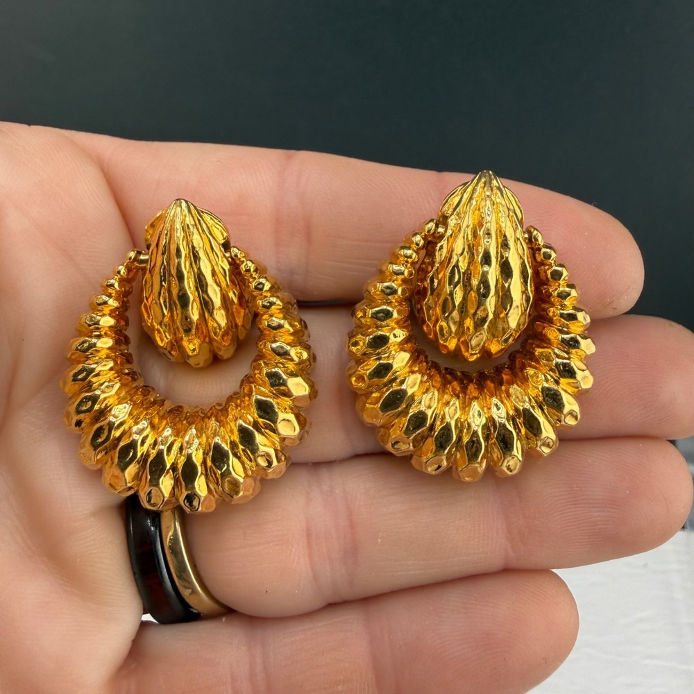 Vintage St John Clip On Earrings Gold Tone Ribbed Textured Signed